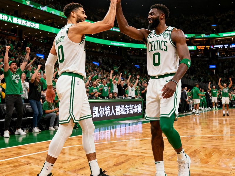 NBA季后赛东部半决赛凯尔特人击败骑士成功晋级东部决赛的新闻图片，塔图姆和布朗在赛后击掌庆祝。